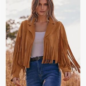 Tan Fringe Women's Jacket prettygarden size XL Faux Suede